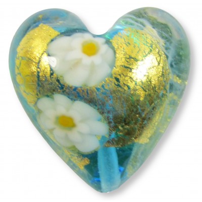 1 Murano Glass Gold Foiled Aquamarine Latticino Millefiore 20mm Heart Bead