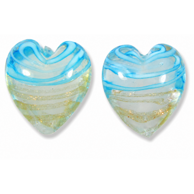 2 Murano Glass White with Turquoise and Aventurine Filigrine 14mm Hearts 2 Murano Glass White with Turquoise and Aventurine Filigrine 14mm Hearts