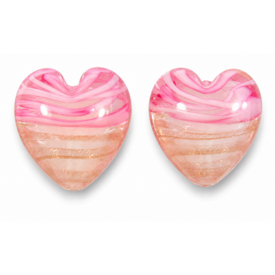2 Murano Glass White with Rose and Aventurine Filigrine 14mm Hearts 2 Murano Glass White with Rose and Aventurine Filigrine 14mm Hearts