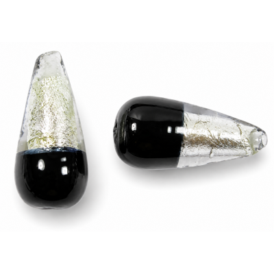 1 Murano Glass Silver Foiled Bicolour 20mm Drop Bead Black & Clear 1 Murano Glass Silver Foiled Bicolour 20mm Drop Bead Black & Clear