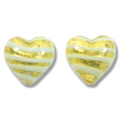 2 Murano Glass Gold Foiled with Aqua Spiral 12mm Heart Beads
