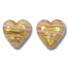2 Murano Glass Gold Foiled with Pink Spiral 12mm Heart Beads