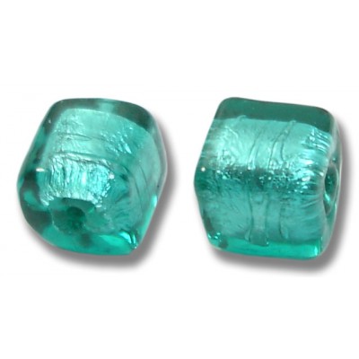 2 Murano Glass Verde Marino Silver Foiled 8mm Cube Beads 2 Murano Glass Verde Marino Silver Foiled 8mm Cube Beads