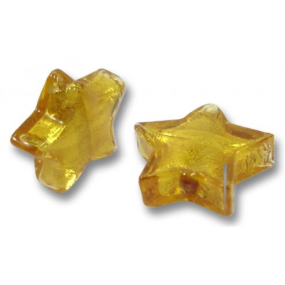 2 Murano Glass Gold Foiled Light Topaz Star 15mm Beads 