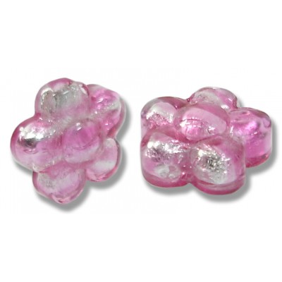 2 Murano Glass Silver Foiled Rose 15mm Flower Beads