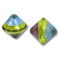 1 Murano Glass Sapphire Lime and Amethyst Tricolour Silver Foiled 16mm Bicone Bead