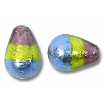 1 Murano Glass Sapphire Lime and Amethyst Tricolour Silver Foiled 14mm Drop Bead