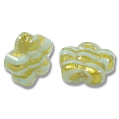 2 Murano Glass Gold Foiled with Aqua Spiral 15mm Flower Beads