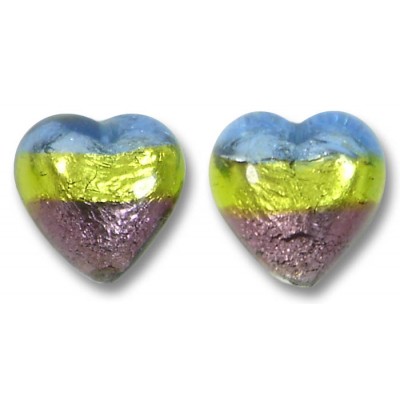 2 Murano Glass Sapphire Lime and Amethyst Tricolour Silver Foiled 12mm Heart Beads