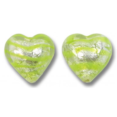 2 Murano Glass Silver Foiled with Peppermint Spiral 12mm Heart Beads 2 Murano Glass Silver Foiled with Peppermint Spiral 12mm Heart Beads