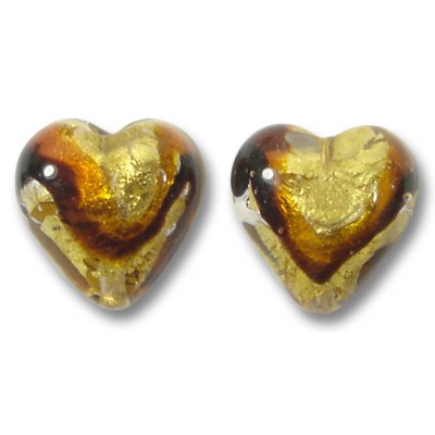 2 Murano Glass Africa Gold Foiled 12mm Heart Beads