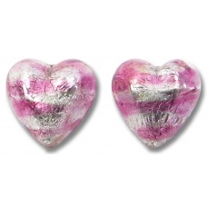 2 Murano Glass Silver Foiled Rose 12mm Heart Beads 2 Murano Glass Silver Foiled Rose 12mm Heart Beads