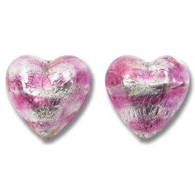 2 Murano Glass Silver Foiled Rose 12mm Heart Beads 2 Murano Glass Silver Foiled Rose 12mm Heart Beads