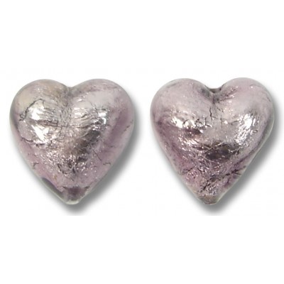 2 Murano Glass Silver Foiled Light Amethyst 14mm Heart Beads 2 Murano Glass Silver Foiled Light Amethyst 14mm Heart Beads