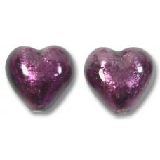 2 Murano Glass Amethyst Silver Foiled 14mm Heart Beads