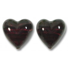 2 Murano Glass Darkest Ruby Silver Foiled 14mm Heart Beads