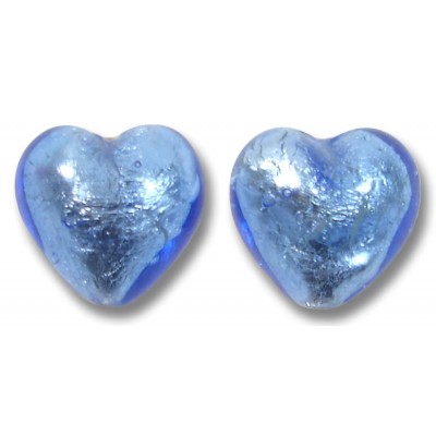 2 Murano Glass Sapphire Silver Foiled 14mm Heart Beads