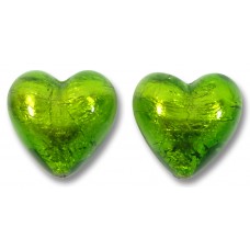 2  Murano Glass Verde Erba Green Silver Foiled 14mm Heart Beads