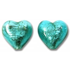 2 Murano Glass Verde Marino Silver Foiled 14mm Hearts 2 Murano Glass Verde Marino Silver Foiled 14mm Hearts