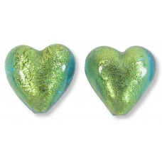 2 Murano Glass Verde Emerald Gold Foiled 14mm Hearts 2 Murano Glass Verde Emerald Gold Foiled 14mm Hearts
