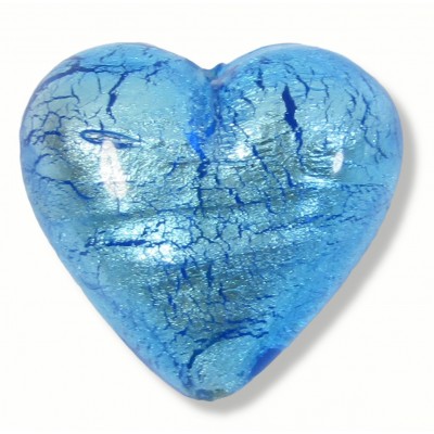 1 Murano Glass Dark Aquamarine Silver Foiled 30mm Heart 