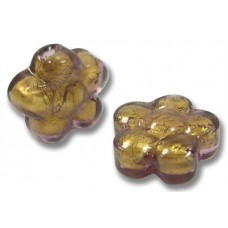 2 Murano Glass Chocolate Amethyst Gold Foiled 15mm Flower Beads