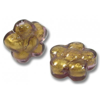 2 Murano Glass Chocolate Amethyst Gold Foiled 15mm Flower Beads