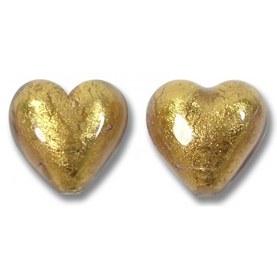 2 Murano Glass Chocolate Amethyst Gold Foiled 14mm Heart Beads