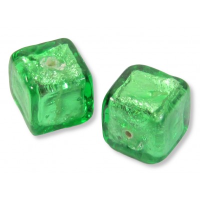 2 Murano Glass Silver Foiled Emerald 8mm Cube Beads 2 Murano Glass Silver Foiled Emerald 8mm Cube Beads