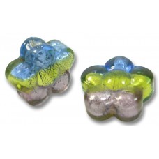 2 Murano Glass Sapphire Lime and Amethyst Tricolour Silverfoil 15mm Flower Beads