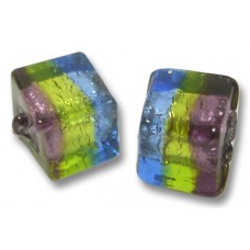2 Murano Glass Sapphire Lime and Amethyst Tricolour Silverfoil 8mm Cube Beads