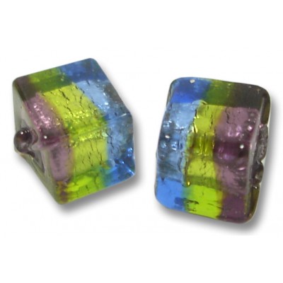 2 Murano Glass Sapphire Lime and Amethyst Tricolour Silverfoil 8mm Cube Beads