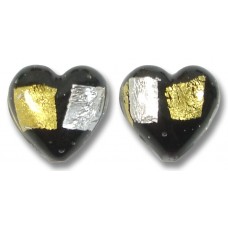 2 Murano Glass Gold and Silver Foil Midnight Treasure 14mm Hearts 