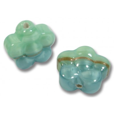 2  Murano Glass Mint/ Aquamarine Aventurine Satin 15mm Flower Beads