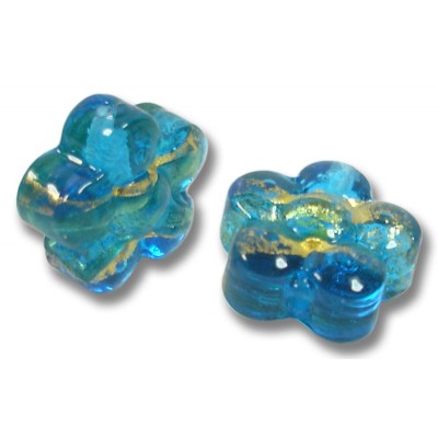 2 Murano Glass Turquoise Blue Goldfoil Band 15mm Flower Beads