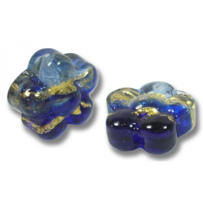 2  Murano Glass Sapphire Blue Goldfoil Band 15mm Flower Beads