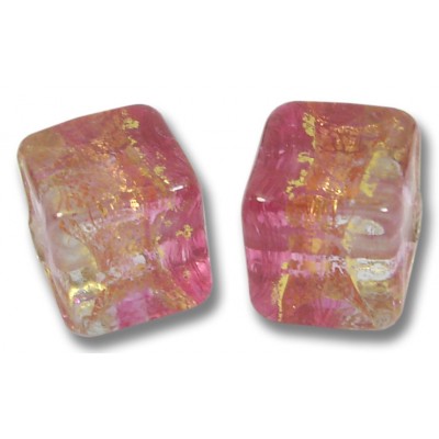 2 Murano Glass Ruby Gold Foiled Band Clear 8mm Cube Beads