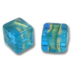 2 Murano Glass Turquoise Blue Gold Foiled Band 8mm Cube Beads