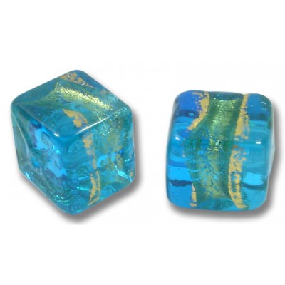 2 Murano Glass Turquoise Blue Gold Foiled Band 8mm Cube Beads