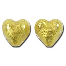 2 Murano Glass Gold Foiled Clear 14mm Heart Beads