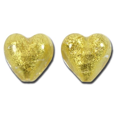 2 Murano Glass Gold Foiled Clear 14mm Heart Beads
