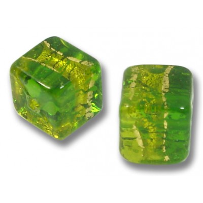 2 Murano Glass Erba Green Gold Foiled Band 8mm Cube Beads