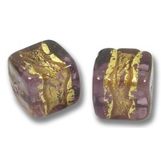 2 Murano Glass Amethyst Gold Foiled Band 8mm Cube Beads