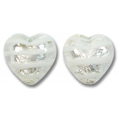 2 Murano Glass Silver Foiled White Spiralina 12mm Heart Beads 2 Murano Glass Silver Foiled White Spiralina 12mm Heart Beads