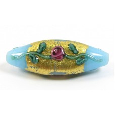 1 Turquoise Triangular Long Glass 30mm Bead with Goldfoil and Flower Decoration 1 Turquoise Triangular Long Glass 30mm Bead with Goldfoil and Flower Decoration
