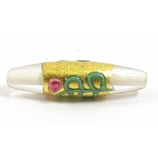1 Clear Glass 24mm Long Bead with White Lining with Goldfoil Band and Flower Detail 1 Clear Glass 24mm Long Bead with White Lining with Goldfoil Band and Flower Detail