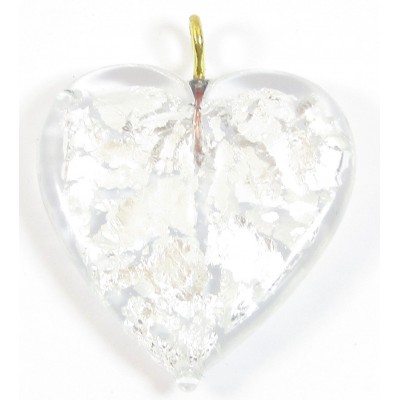  1 Silver Foiled Flat Crystal Clear Glass Heart Pendant with Goldtone Hanging Loop