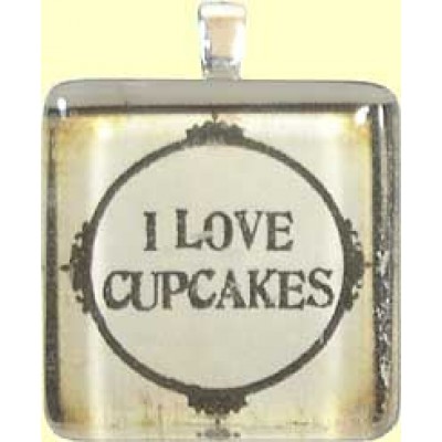 Handmade Glass Tile Pendant -  I Love Cupcakes