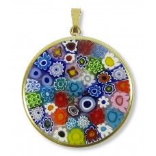 Murano Glass Classic Millefiore Mosaic 32mm Pendant in Gold Plated Sterling Silver Frame