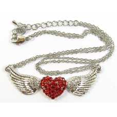 Crystal Set Winged Heart Pendant with Chain - Red